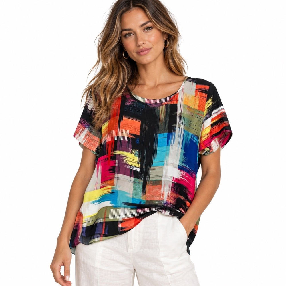 Equipment Femme Multi Color Abstract Brushstroke Short Sleeve Top Medium